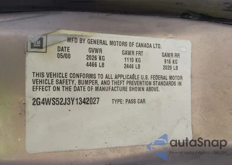 2000 Buick Century Custom from USA, damaged, VIN 2G4WS52J3Y1342027